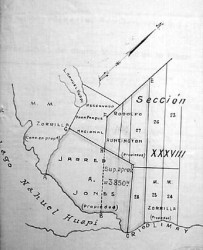 El mapa de 1903 muestra la superposición de las tierras de Huntington (cesionario de Newbery) con las del texano Jarred A. Jones.