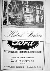 Avisos de los años '30 del primer hotel de Andrés Festa y de la agencia Ford (que estaba enfrente), de J. C. Ryno Bresler, padre de la primera Miss Bariloche.