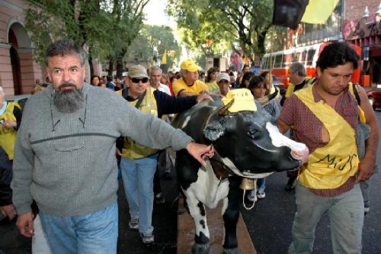 La vaca "plástica", ya famosa en las protestas de los ruralistas contra las políticas del gobierno, también fue utilizada por el piquetero Castells.
