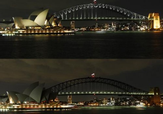 Sydney, las fotos muestran la comparación entre ante y durante la protesta (arriba). En la región la propuesta generó alguna expectativa y hubo apagón en parte de Neuquén (izq.). También Google se sumó a la campaña ennegreciendo su página de entrada. 