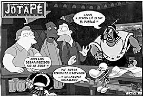 La taberna de Moe con tres personajes argentinos: Mafalda, Clemente y Patoruz.