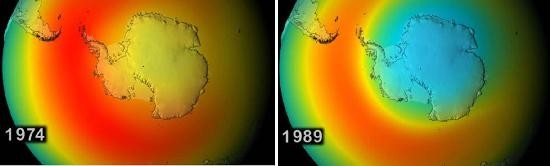 La investigacin de la NASA muestra cmo estaba la capa de ozono en el rtico en 1974 y cmo en aos posteriores el agujero fue aumentando hasta llegar al 2054, cuando habra cubierto gran parte del globo. 