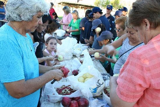 Todo el mundo colabor para pelar las manzanas. No es para menos: se usaron unos 3.000 kilos de Granny Smith. Todo artesanal: una megapreparacin que moviliz a la ciudad entera. 