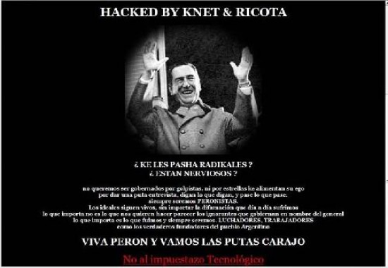 En la pgina web de inicio del partido radical instalaron la imagen de Juan Domingo Pern. 