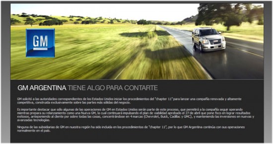 El comunicado de la empresa en la portada del sitio argentino de GM.