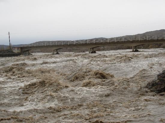 Las aguas del Curi Leuv pasan furiosas bajo la estructura del puente de la Ruta Provincial 43. 