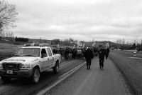 Largas e interminables caminatas realizaron los obreros, con la policía delante en Chichinales, que les permitió caminar, pero no cortar. 