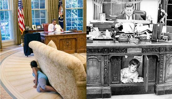 Obama trabaja y Sasha juega. Algo similar ocurri en 1963 con JFK y su hijo. 